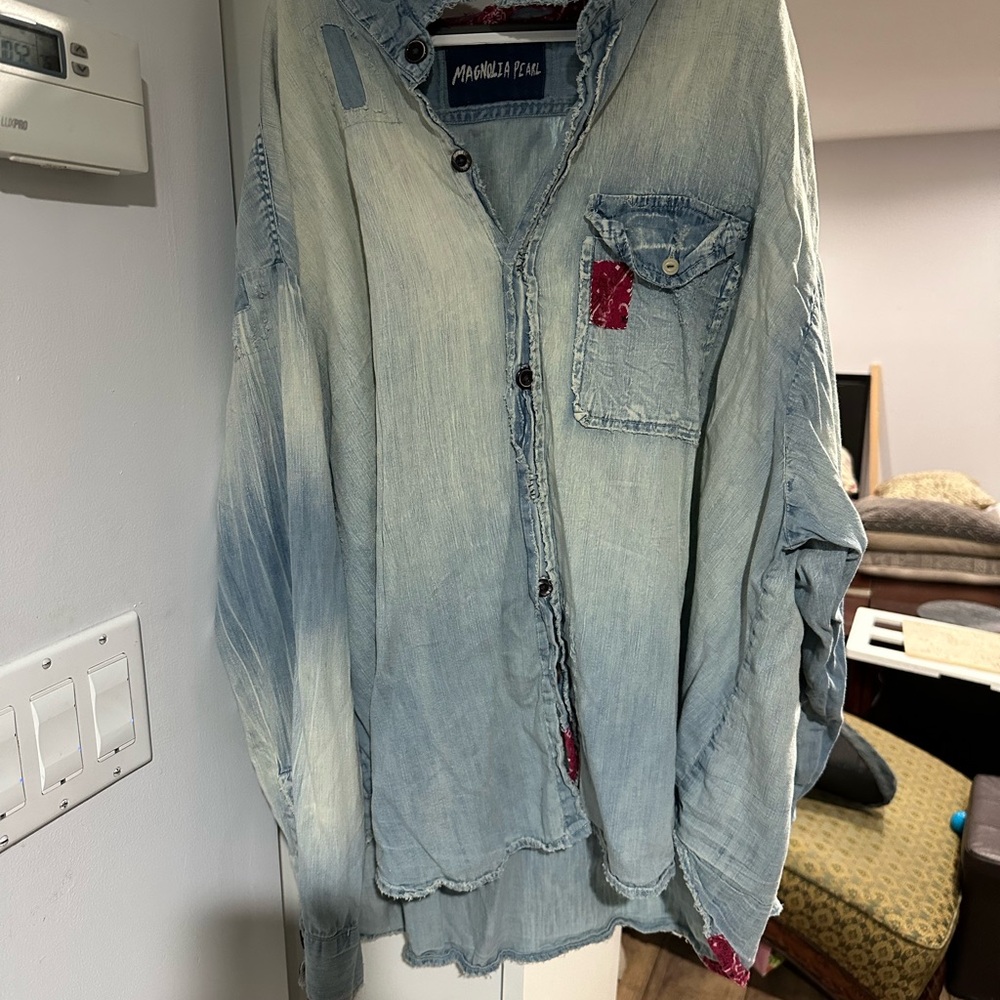 Magnolia Pearl Light Blue Denim Shirt with Red Accents
